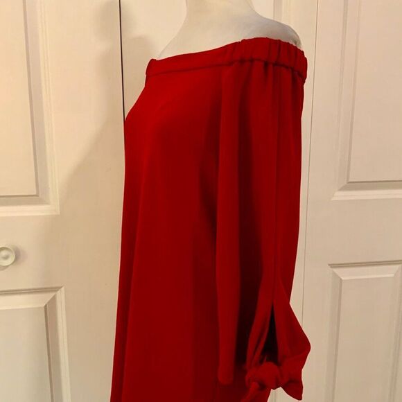 TIBI Red Crepe Off Shoulder Tie Sleeve Shift Mini Dress Size 4 - Picture 6 of 12